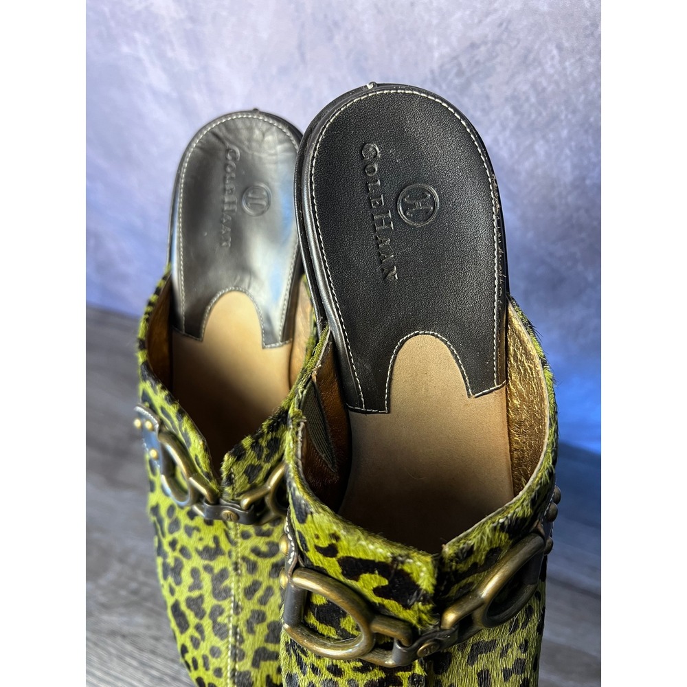 Cole Haan Green Leopard Calf Hair Wedge Mules Size 7AA Clogs Buckles Vintage - Picture 3 of 6